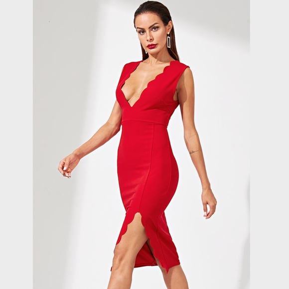 Plunging Neck Scallop Edge Slit Bodycon Dress Red - Picture 2 of 8